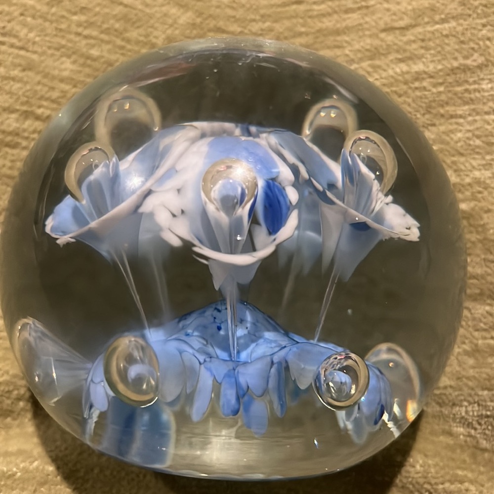 Signed Art Glass Paperweight Blue Flowers John Gentile Glass,  Star City WV